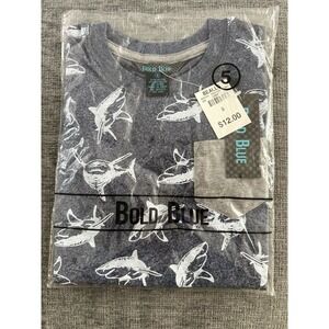 Bold Blue Boys Kids Shark Beach Print T Shirt Navy Blue White Gray Pocket Size 5